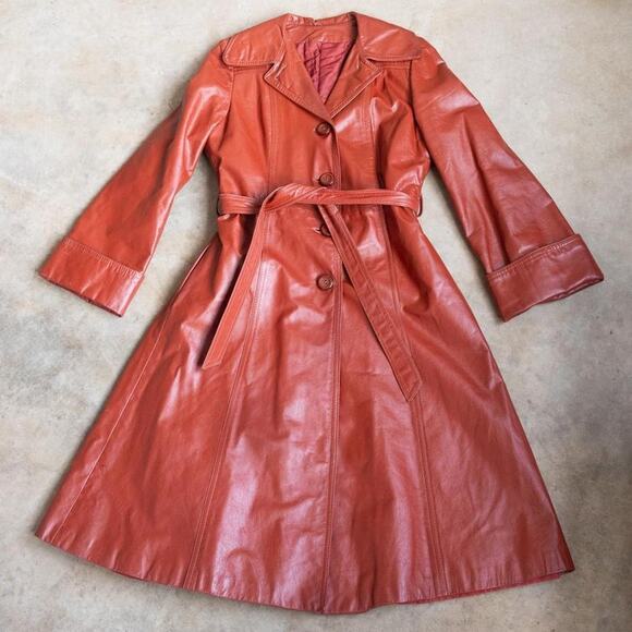 Vintage Orange Genuine Leather Trench Coat Size Medium - Picture 2 of 8